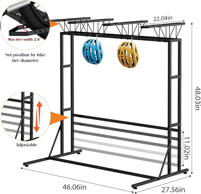 OYEAL Vertical Bike Stand, Free Standing Bike Rack Garage with 6 Hooks, Indoor/Outdoor Floor Bike Storage for 3 Adult Mountain/Road &1 Kids Bikes, Max Tire Width 2.6”, Black