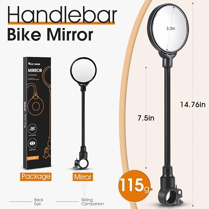 West Biking Bike Mirror Handlebar Mount, Adjustable Rotatable Bicycle Rear View Mirror, Wide Angle Acrylic Convex Safety Mirrors for Mountain Road Bike (Black- 2 PCS Converx Mirror)