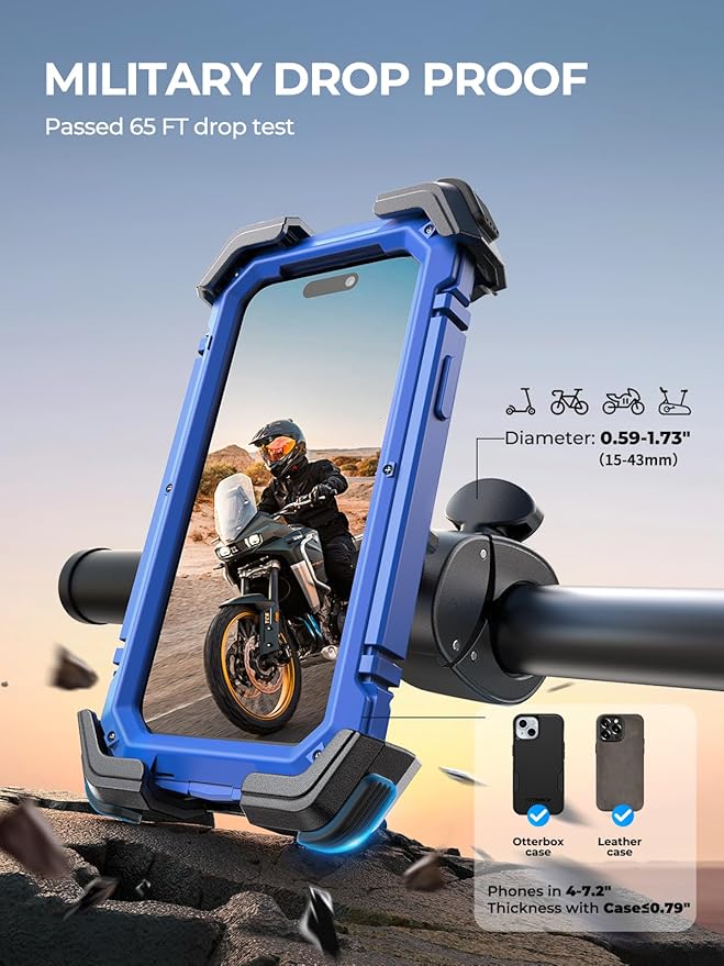 Motorcycle Phone Mount Holder, [Ultra-Stable][7 inch Phone Friendly] Bike Holder Handlebar Cell Clamp Harley Accessories for iPhone 16 15 14, 4-7" Smartphones