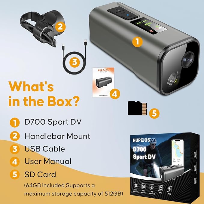 Action Camera 4K 30fps with GPS Tracker, Wireless Bike Camera, Cycling Speedometer/Odometer, Free 64G Card, Anti-Shake Sport DV, IP65 Waterproof, Bicycle Light, Cycling Computer with APP Support, Grey