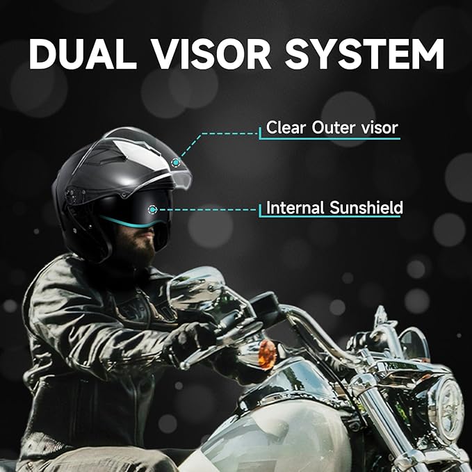 TCT-MOTORPARTS Adult Dual Visors 3/4 Open Face Motorcycle Helmet Motorbike Racing Street Bike Helmets DOT Approved Matte Black X-Large