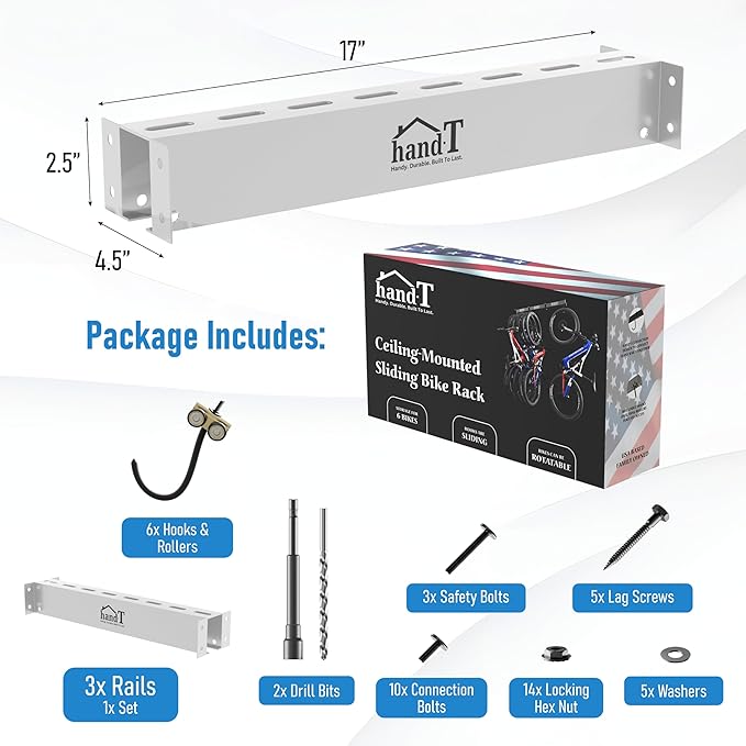 USA Based Ceiling Bike Hanger Slide Mount Up To 6 Bikes, Sliding Garage Bicycle Storage, 51" Heavy Duty Hanging Hook Racks 450lbs Limit, Overhead Mounted Hangers for Storing Bicycles | White