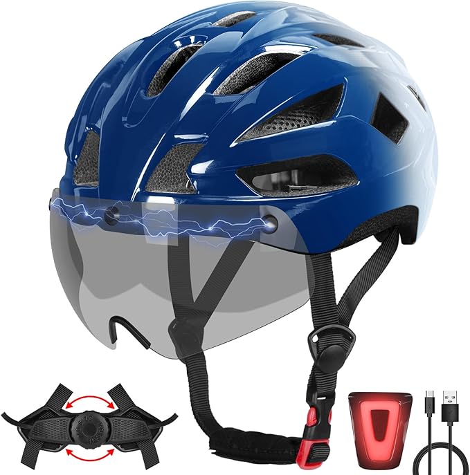 Bike Helmet Adult for Men, Lightweight Ebike Helmet with LED Light & Magnetic Goggles, USB Charging Cable Included, Cycling Helmet for Adult with Adjustable Dial Fit 22.8"- 24.4 "