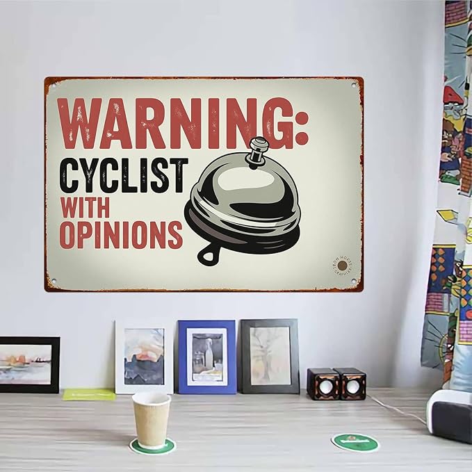 Warning Cyclist With Opinions Right Bell Cycling Vintage Funny Wall Decor 8 * 12 Inch Retro Metal Sign Posters For Kitchen Bathroom Farm Yard Bar Garage Man Cave Anywhere You Feel Is Appropriate