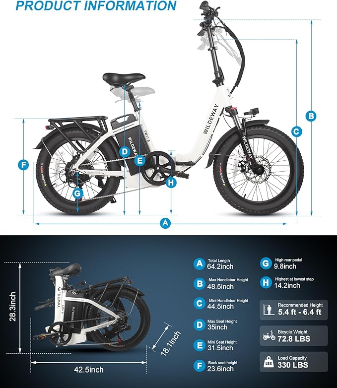 Electric Bike for Adults 48V 32Ah（1536Wh） FW11 20” x 3.0” Long Range 28MPH Folding E-Bike Men Women Fat Tire Mountain Foldable Step-Thru Ebike City Urban Commuting Bicycles UL 2849 Certified