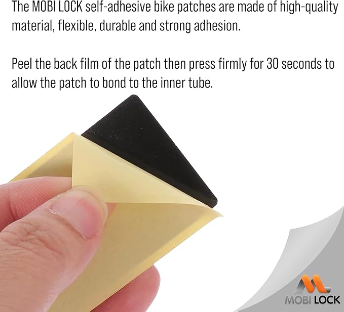 Mobi Lock 40Pcs Self-Adhesive Bicycle Tire Inner Tube Patch Repair Kit - Glueless Bike Tube Patches in Round, Square, and Rectangle Shape - Includes 2 Tire Levers, 1 Metal Rasp