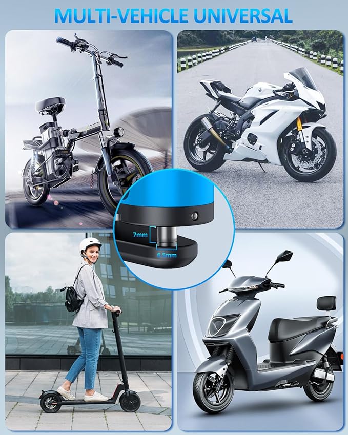 ONVIAN Rechargeable Motorcycle Lock with 120db Alarm and 6FT Steel Reminder Cable, for 7mm Pin Motorcycles Bicycles Ebike Scooter Moped(Blue)