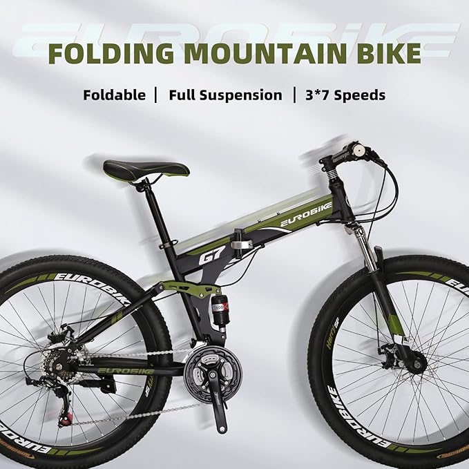 EUROBIKE YH-G7 Folding Mountain Bike 27.5 Inches Wheels 21 Speed Full Suspension Dual Disc Brakes Foldable Frame Bicycle for Men