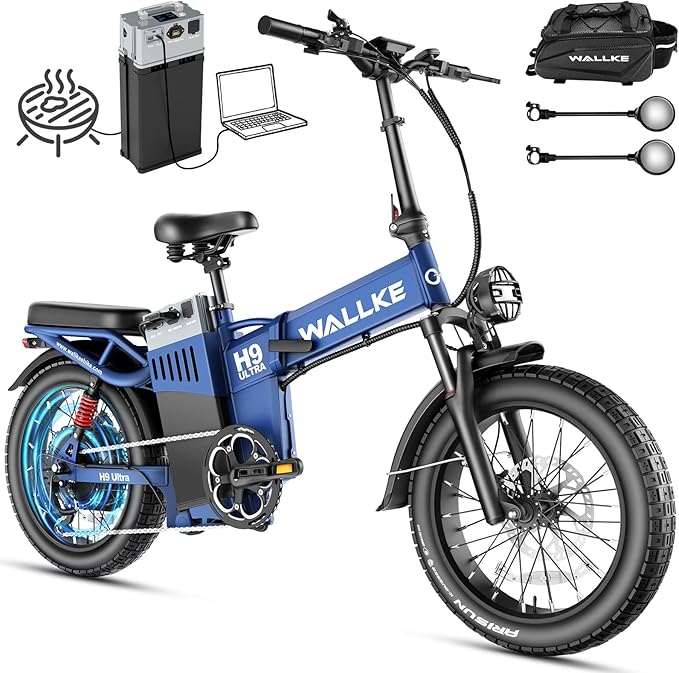 Wallke H9 Ultra 4000W Long Range Electric Bike for Adults, 55Ah 2640Wh 180 Mile, 37MPH Fast Ebike, 2-in-1 Battery AC/DC Power Hub & AC/Solar-Charging, Torque Sensor, Air Suspension,20" Fat Tire E Bike