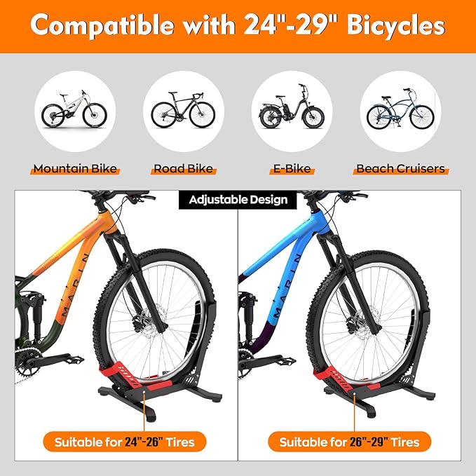 Bike Stand Floor, Portable Bike Storage for Garage - Fit for 24"-29" Bikes, Tire Width up to 3.5", Road & Mountain Bicycle Stand, Front and Rear Wheel Parking Rack - Red