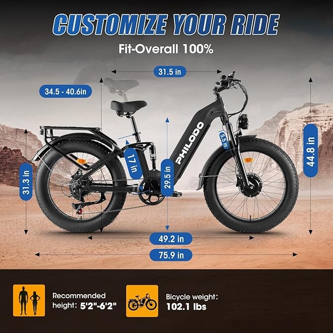 PHILODO Electric-Bike for Adults, Dual-Motor-Ebike Hunting-Ebike 5000W, 60V 32AH Long Range Dirtbike, Fat-Tire-Electric-Bicycle, Full Suspension for Off-Road Snow Sand