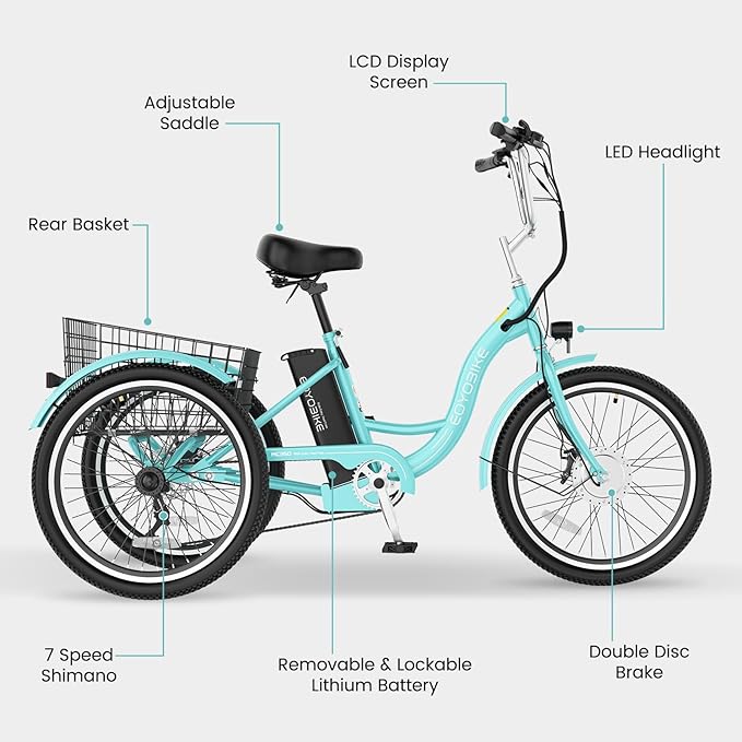 Electric Tricycle for Adults Seniors, 24/26 Inch 3 Wheel E-Trike, 350W Motor (700W Peak), Removable 36V Battery, Up to 15.5MPH, 25-60Mile Range, Low Step-Through, Rear Basket, 350lbs Capacity, 7 Speed