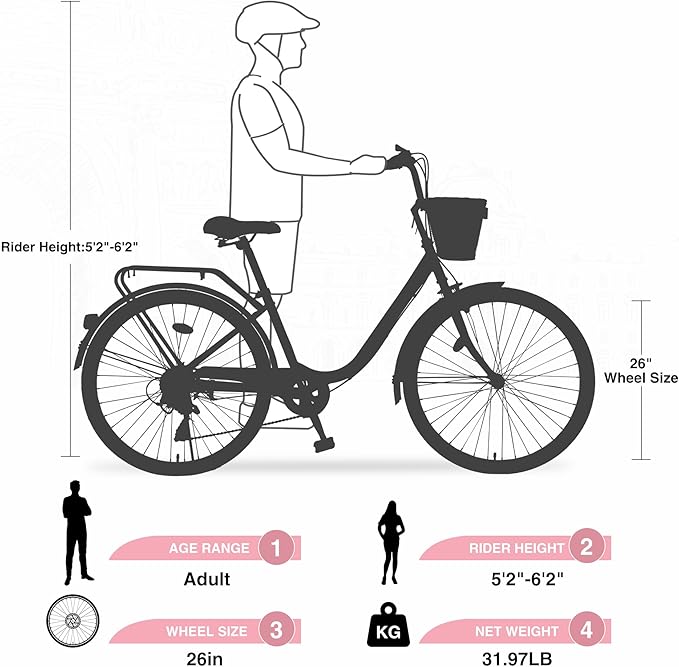 22/26 Inch Women's Bike Beach Cruiser Bike for Women/Girls，City Hybrid Bike 7 Speeds Adult Bicycle Commuter Bike for Women Men,4 Colors