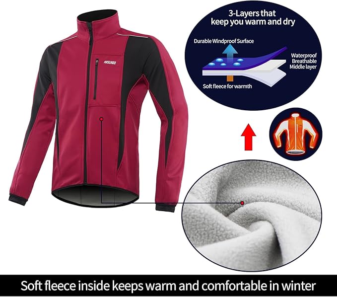 ARSUXEO Winter Warm UP Thermal Softshell Cycling Jacket Windproof Waterproof 15-k
