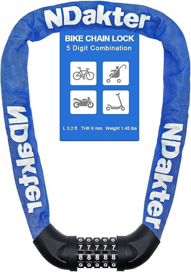 NDakter Bike Lock, 5 Digit Combination Heavy Duty Anti Theft Bicycle Chain Lock, 2.62/3.2/4.27/5/6Ft Long, High Security Resettable, Suitable for Bike, Scooter, Door, Gate, Fence-4/6mm Thick