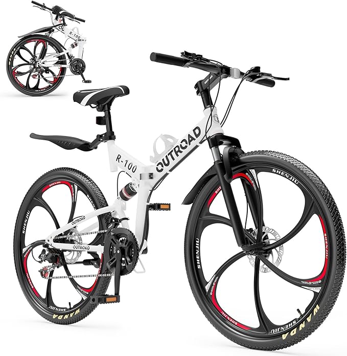 26 Inch Folding Mountain Bike, 21 Speed Full Suspension Bicycle Dual Disc Brake Non-Slip Quick Release tire for Adults Men Women(Balck/Pink/Green/Orange/White/Purple)