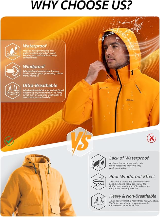 Men's Rain Jacket Waterproof Windproof Breathable for Hiking Cycling Commuting with Hood & Pockets