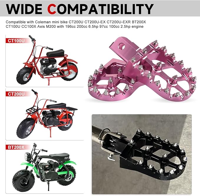 Mini Bike Foot Pegs CNC Anti-Slip Wide Footpegs for CRF50 CRF70 Coleman CT100U CT200U BT200X CC100X CRF XR50 70 110 125 SSR Apollo TaoTao Motorcycle Dirt Bike Pit Bike Pedals (Pink)