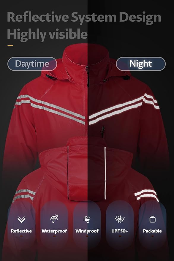 CREATMO US Men's Packable Waterproof Running Rain Coats Reflective Cycling Jacket Windbreaker With Removable Hood