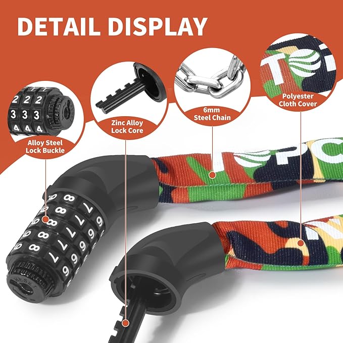 Bike Chain Lock 3.2Ft Long High Security Heavy Duty Anti Theft, 5 Digit Combination Resettable Keyless Bicycle Lock for Bike/Electric Scooter/Ebike/Motorcycle(Camouflage)