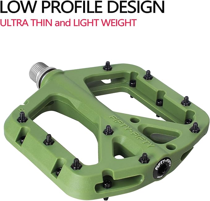 FIFTY-FIFTY Mountain Bike Pedals, Non-Slip MTB Nylon Composite, 9/16" Bicycle Pedals, Lightweight and Wide Flat Platform