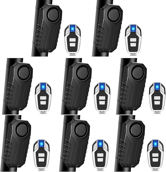 Bike Alarm with Remote,Bicycle Alarm Wireless,113dB Loud Bike Alarms for E-Bikes, Motorcycles, Scooter, Cars, Trailers, Luggage, Outdoor Riding and Cycling Safety IP65 Waterproof, 8Pcs