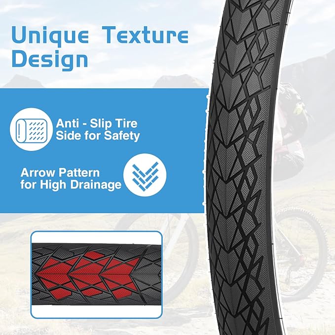 MEGHNA Bike Tire 20/24/26/27.5 inch Foldable Replacement Cruiser Bike Tire Mountain Bike Groove Anti-Slip with Tire Lever for Kids Hybrid Bike