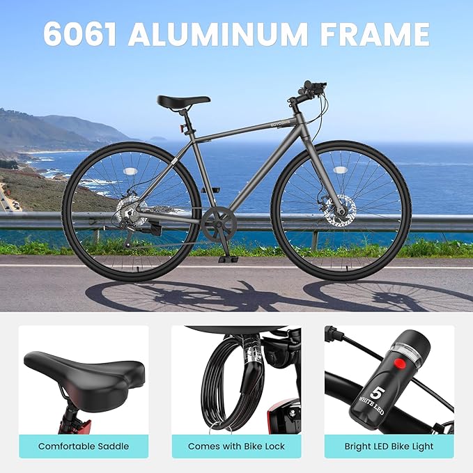 NAIZEA 700C Hybrid Bike for Adults, Aluminum Frame Step-Over Bicycle, 8-Speed Vintage Retro Road Bike for Men and Women, City Commuter Cycling, Multiple Colors
