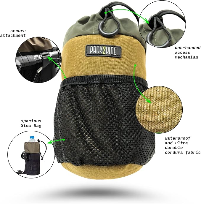 Bongo Bike Handlebar Bag - Water Resistant & Durable Fabric Bicycle Water Bottle Holder, Secure Attachment Bikepacking Stem Bag, One-Handed Access Feed Bag, Front Cycling Storage - Coyote