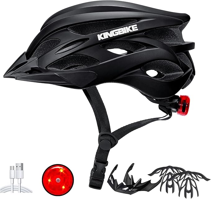 KINGBIKE Bike Helmet for Adult Men Women Youth Road Commute Mountain Cycling Helmets with USB Rechargeable Light Replaceable Padding and Visors Lightweight 20.4-23.6in