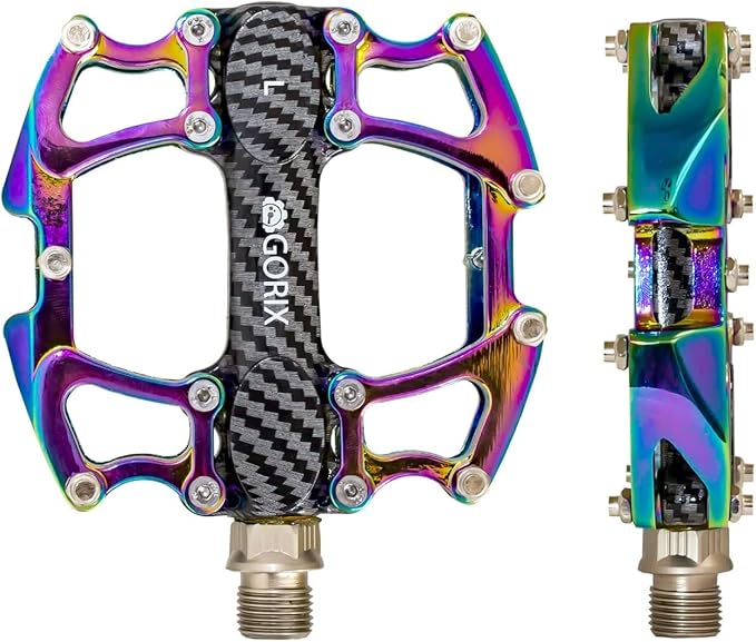 GORIX Bike Flat Pedals Wide CNC Lightweight with Non-Slip Pin Spike Oil Slick Road Mountain MTB Bicycle (GX-Fi777)