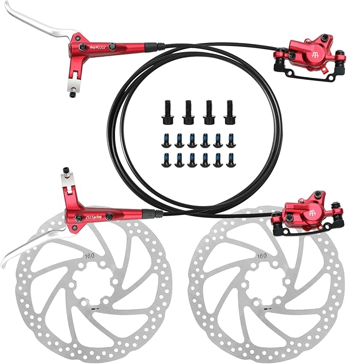 2-Pistons MTB Disc Brake Set Hydraulic Disc Brake Kit Left Rear Right Front with 160mm Rotors Aluminum Alloy Hydraulic Brake Fit for Mountain Bike E-Bike Fat Bike (Red)
