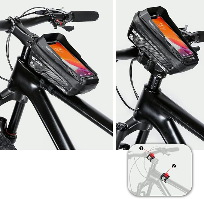 Bike Frame Bag, Bike Handlebar Bag, Waterproof Cycling Front Top Tube Pouch Pannier Bicycle Phone Mount Holder Cycle Crossbar Storage Bags for iPhone 16 15 14 13 12 11 Pro Max Smartphone Below 6.9''