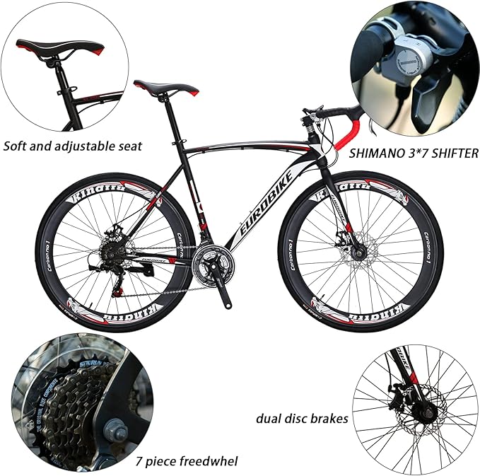 EUROBIKE Road Bike 700C Wheels 21 Speed Dual Disc Brake Bicycle 54cm Frame Bicycle for Men