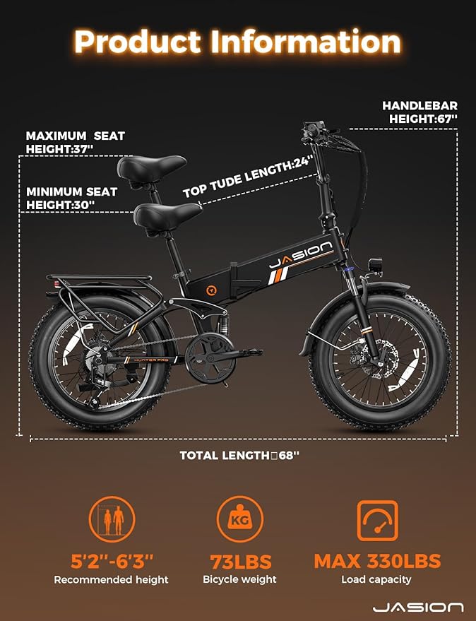 Jasion X-Hunter ST/PRO Foldable Electric Bike for Adults with 20'' Fat Tire,Up to 71-80 Miles Range Ebike,1800W/1400W Peak Motor,30+MPH E Bike,Full Suspension&Dual Hydraulic Disc Brakes Bicycles