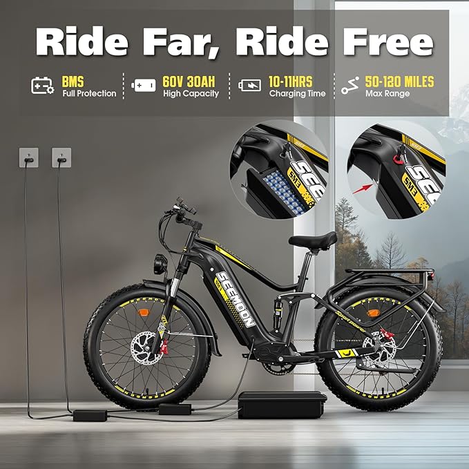 Seemoon 6000W Electric Bike for Adults,45 MPH up to 120Mile Dual Motor Ebike,60V 30Ah Battery,24" Fat Tire Electric Bicycle with Throttle Lock for Hunting Off-Road Commuter,Full Suspension E-bike