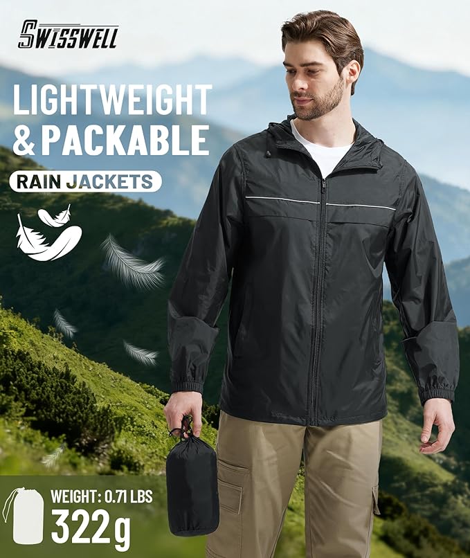 SWISSWELL Mens Rain Jacket & Coats Packable Lightweight Waterproof Windbreaker Hooded for Golf Cycling Hiking