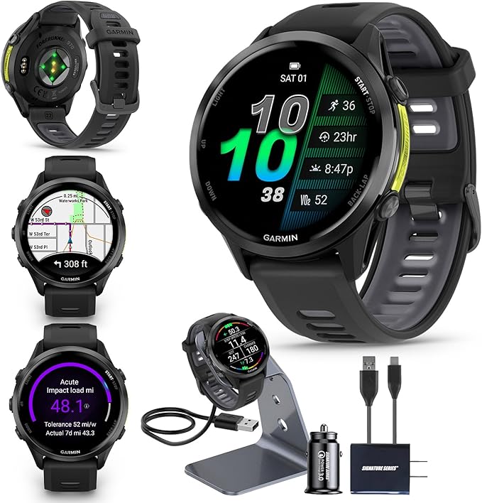 Garmin Forerunner 970 GPS Running Smartwatch, Black | Premium Training & Recovery, Sleep Coach, Heart Rate, Download Music, Up to 15 Day Battery | Signature Series Charging Stand Bundle
