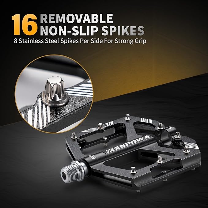 Zeekpowa Mountain Bike Pedals Flat, Road Bike Flat Pedals 16 Removable Anti-Skid Nails 9/16" Chromo Spindle Sealed Bearings Ultra CNC Aluminum Pedals Non-Slip Wide Platform Road/City Cycling