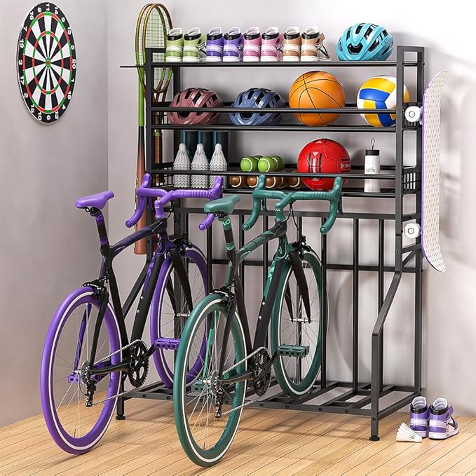 GIOTORENT Bike Rack Garage, 4-Bicycle Stand with 3-Tier Storage Rack, Adjustable Bike Storage for Mountain, Road, Commuter & Fat Tire Bikes, Garage Organizer with Hooks for Sports Gear