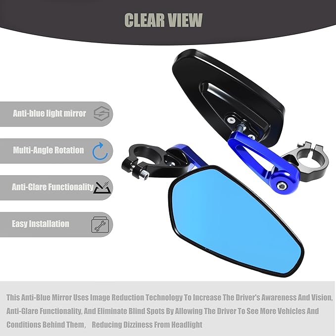 7/8" Motorcycle Mirrors - 22mm Bar End Rear View Mirrors Compatible with Most Yamaha, Kawasaki, Honda Grom, Ducati, Suzuki and More Bike Scooter Street Sport Cruisers (Blue)