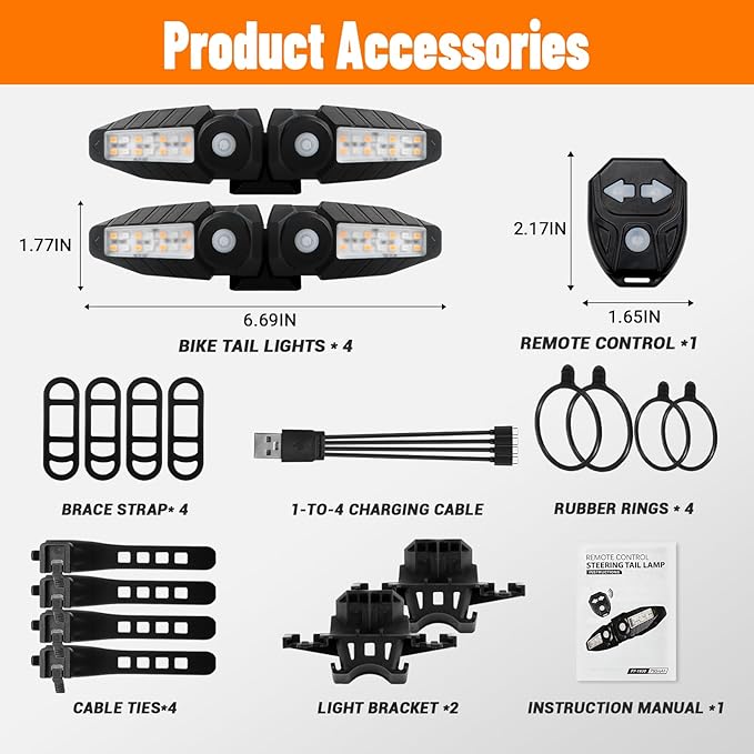 Bike Turn Signals with Projector 5 Modes USB Rechargeable Bike Tail Light Remote Control Waterproof Split Ebike Bicycle Turn Signals Front and Rear for Night Riding and Commuting Safety-4PCS