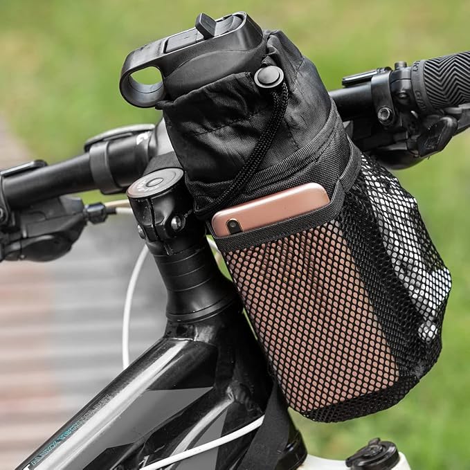 Caudblor Bike Water Bottle Holder Bag for Kid Adult, Insulated Bicycle Coffee Cup Holders with Phone Storage, Black Handlebar Drink/Beverage Container for Walker/Cruiser/Exercise/Mountain Bike