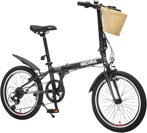 20 Inch Folding Bike for Adults, 6-Speed City Commuter Bike with Steel Frame,Quick-Release Fold, Front Basket, Phone Holder & V-Brakes