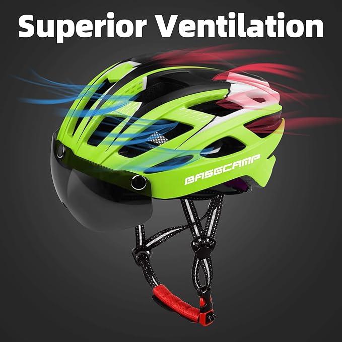 Bike Helmet, Basecamp Bicycle Helmet with Rear Light & Detachable Magnetic Goggles Lightweight Cycling Helmet Adjustable for Adult Men Women Mountain & Road (BC-069)