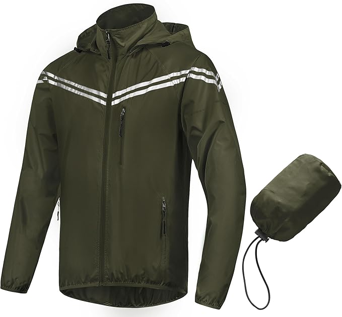 CREATMO US Men's Packable Waterproof Running Rain Coats Reflective Cycling Jacket Windbreaker With Removable Hood