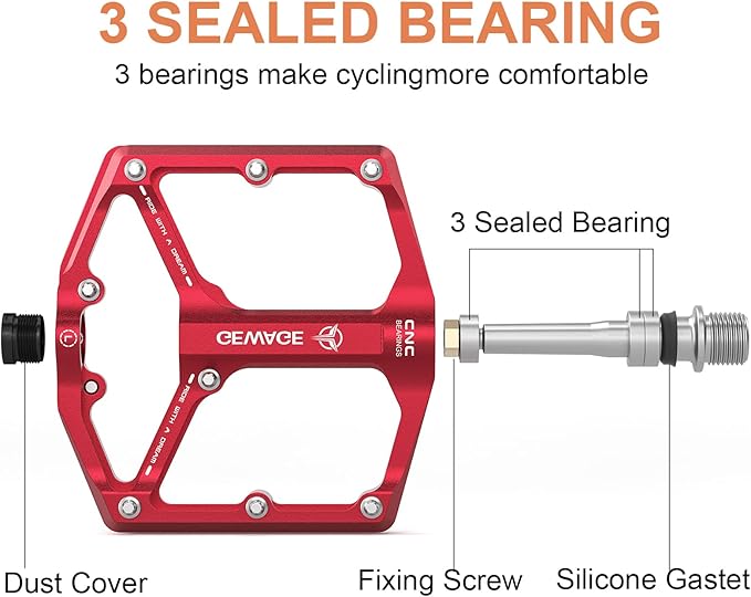 Road/Mountain Bike Pedals - 3 Bearings Bicycle Pedals - 9/16” CNC Machined Flat Pedals with Removable Anti-Skid Nails