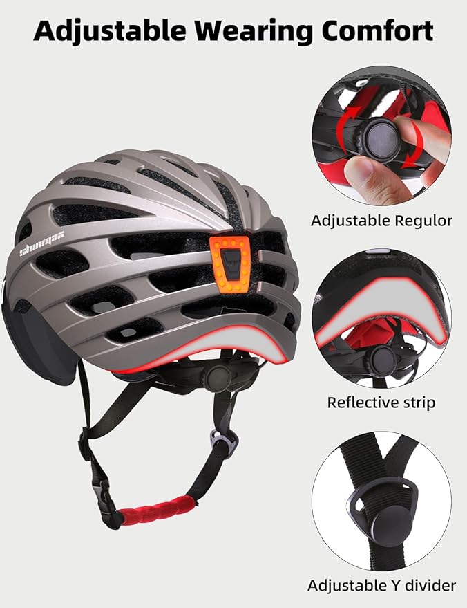 Shinmax Bike Helmet with USB Rechargeable Light & Detachable Magnetic Goggles UV Protective, Bicycle Helmet Men Women Mountain Road Adjustable Adult Cycling Helmet (WT-049)