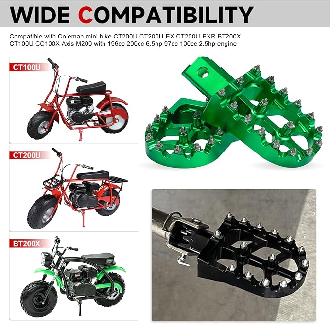 Mini Bike Foot Pegs CNC Anti-Slip Wide Footpegs for CRF50 CRF70 Coleman CT100U CT200U BT200X CC100X CRF XR50 70 110 125 SSR Apollo TaoTao Motorcycle Dirt Bike Pit Bike Pedals (Green)