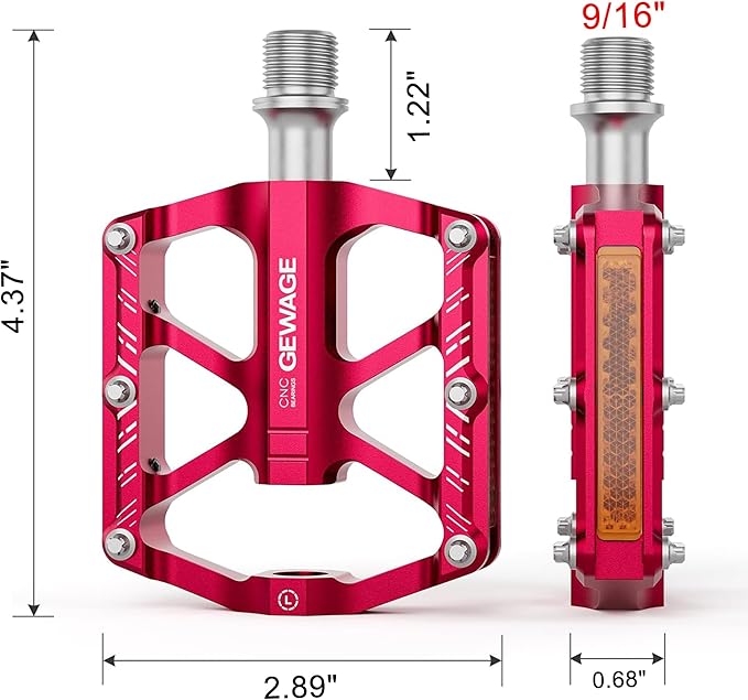 Mountain Bike Pedals - 3 Bearings Bicycle Pedals with Reflectors - 9/16” CNC Machined Flat Pedals with Removable Anti-Skid Nails for Road Mountain BMX MTB Bike